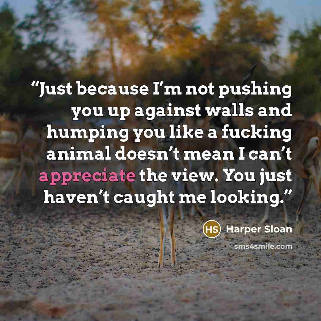 “Just because I’m not pushing you up against walls and humping you like a fucking animal doesn’t mean I can’t appreciate the view. You just haven’t caught me looking.” quote by Harper Sloan
