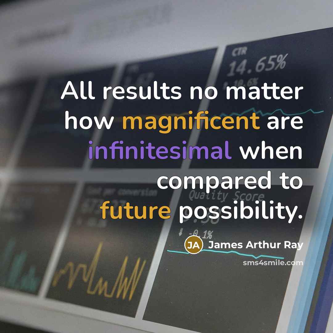 “All results no matter how magnificent are infinitesimal when compared to future possibility.” quote by James Arthur Ray