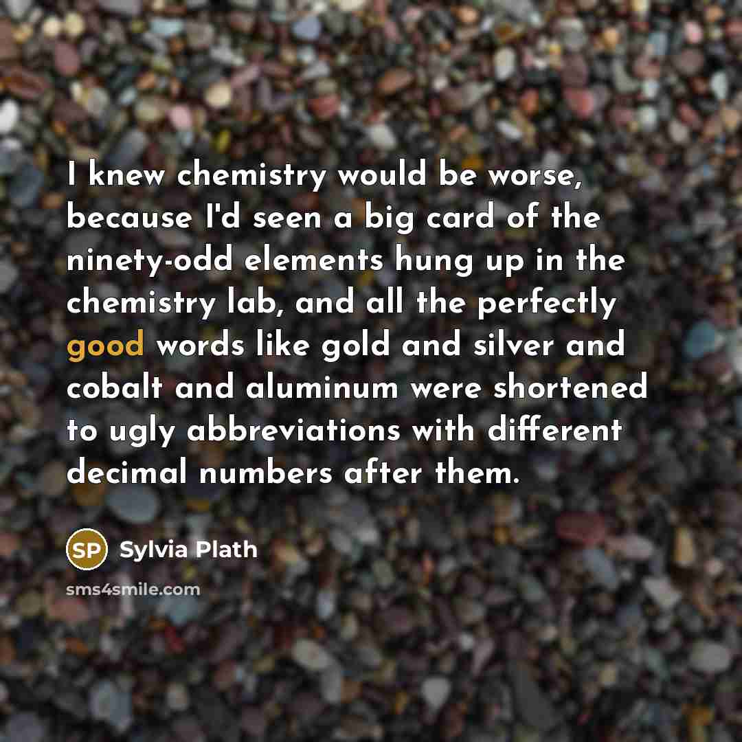 “I knew chemistry would be worse, because I'd seen a big card of the ninety-odd elements hung up in the chemistry lab, and all the perfectly good words like gold and silver and cobalt and aluminum were shortened to ugly abbreviations with different decimal numbers after them.” quote by Sylvia Plath
