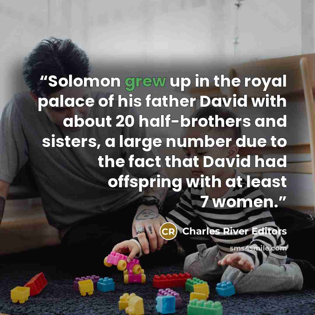 “Solomon grew up in the royal palace of his father David with about 20 half-brothers and sisters, a large number due to the fact that David had offspring with at least 7 women.” quote by Charles River Editors