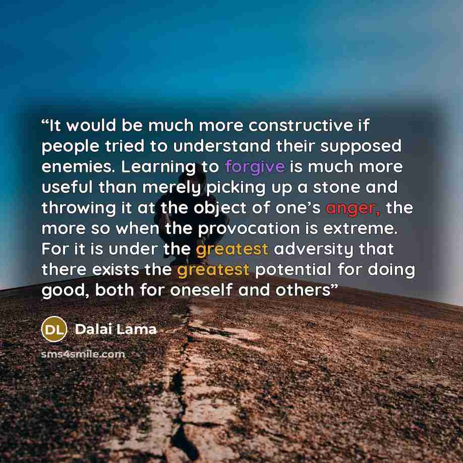 “It would be much more constructive if people tried to understand their supposed enemies. Learning to forgive is much more useful than merely picking up a stone and throwing it at the object of one’s anger, the more so when the provocation is extreme. For it is under the greatest adversity that…” quote by Dalai Lama