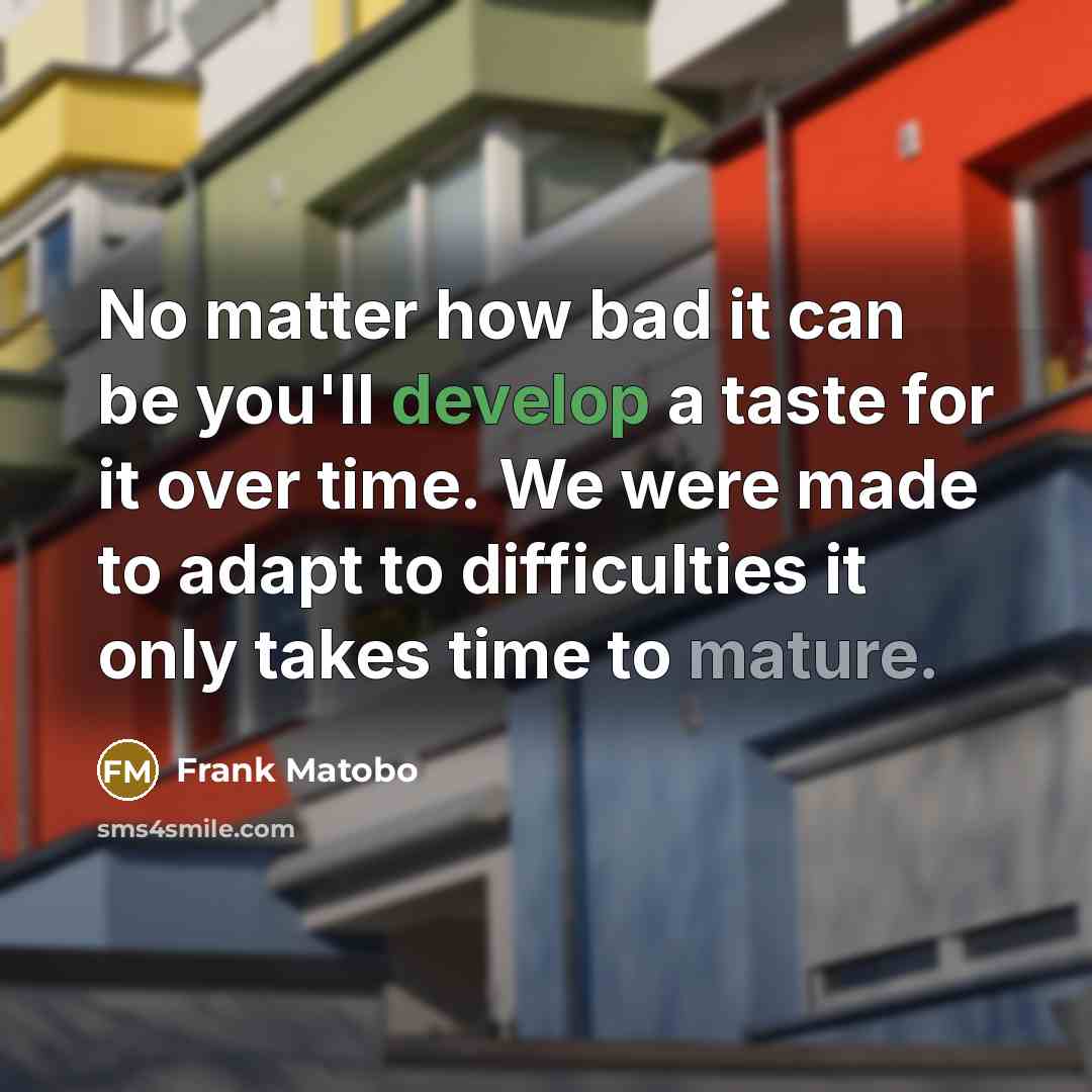 “No matter how bad it can be you'll develop a taste for it over time. We were made to adapt to difficulties it only takes time to mature.” quote by Frank Matobo