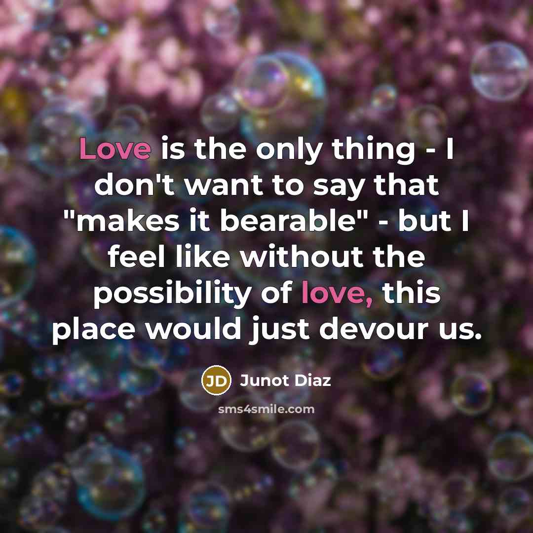 “Love is the only thing - I don't want to say that "makes it bearable" - but I feel like without the possibility of love, this place would just devour us.” quote by Junot Diaz