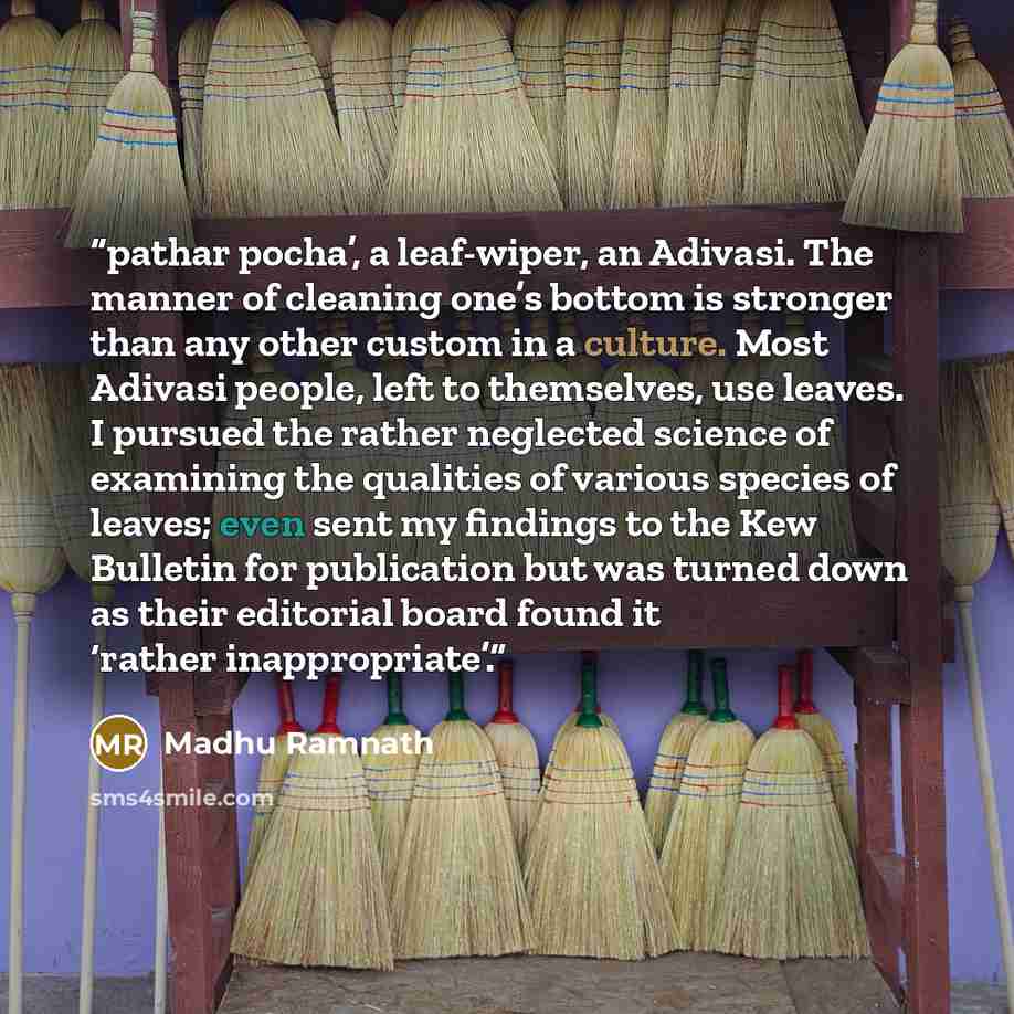 “pathar pocha’, a leaf-wiper, an Adivasi. The manner of cleaning one’s bottom is stronger than any other custom in a culture. Most Adivasi people, left to themselves, use leaves. I pursued the rather neglected science of examining the qualities of various species of leaves; even sent my findings to…” quote by Madhu Ramnath