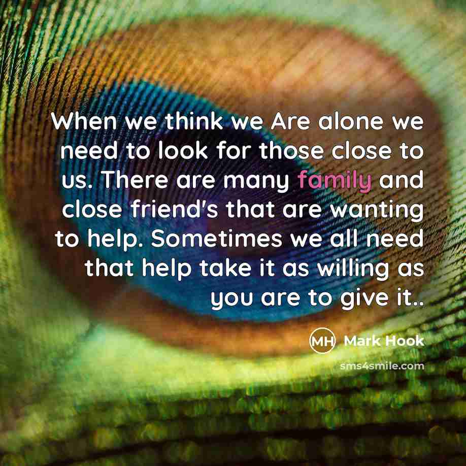 “When we think we Are alone we need to look for those close to us. There are many family and close friend's that are wanting to help. Sometimes we all need that help take it as willing as you are to give it..” quote by Mark Hook