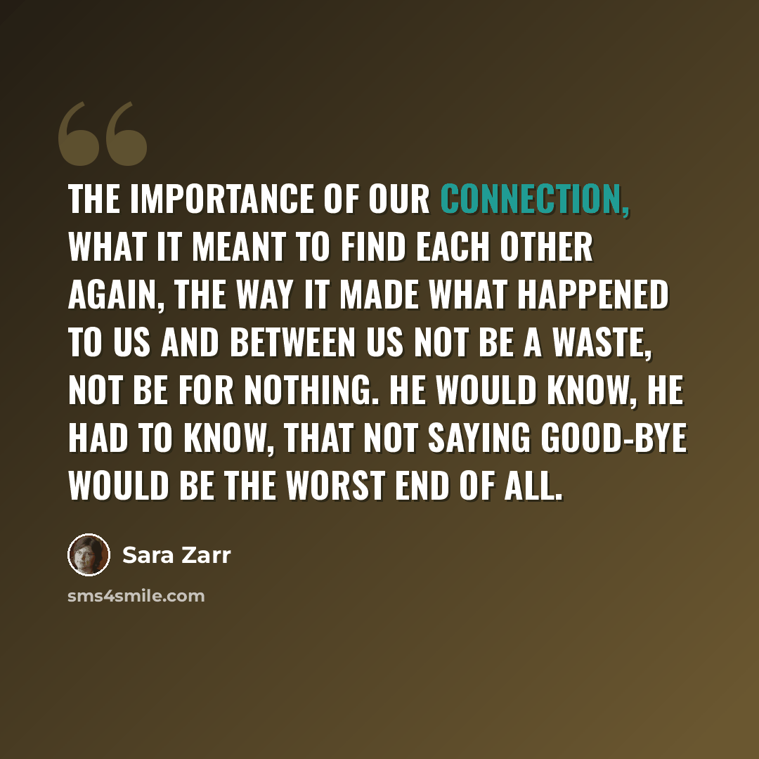 “The importance of our connection, what it meant to find each other again, the way it made what happened to us and between us not be a waste, not be for nothing. He would know, he had to know, that not saying good-bye would be the worst end of all.” quote by Sara Zarr