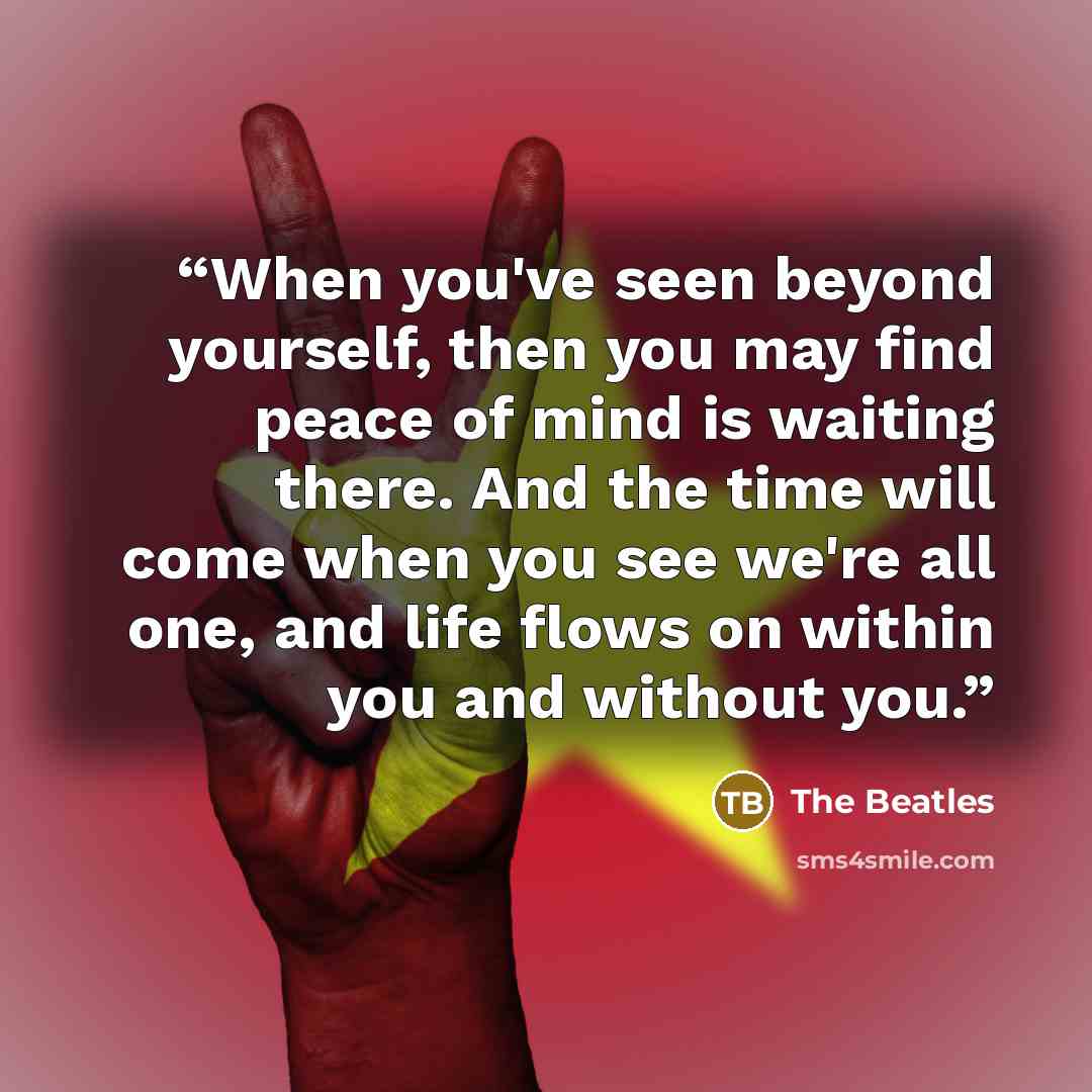 “When you've seen beyond yourself, then you may find peace of mind is waiting there. And the time will come when you see we're all one, and life flows on within you and without you.” quote by The Beatles