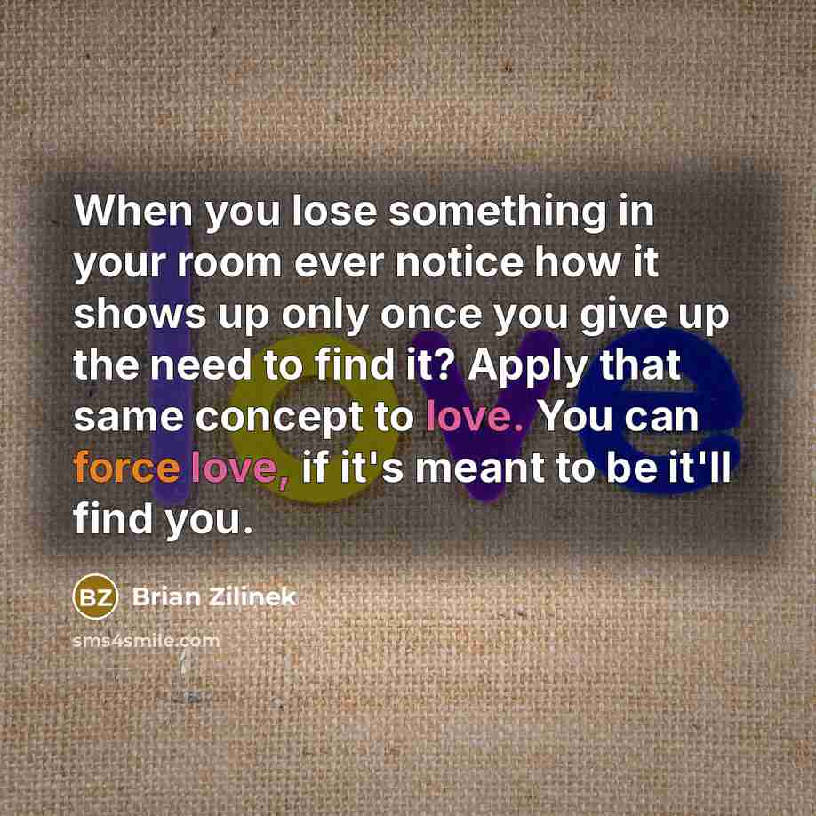 “When you lose something in your room ever notice how it shows up only once you give up the need to find it? Apply that same concept to love. You can force love, if it's meant to be it'll find you.” quote by Brian Zilinek