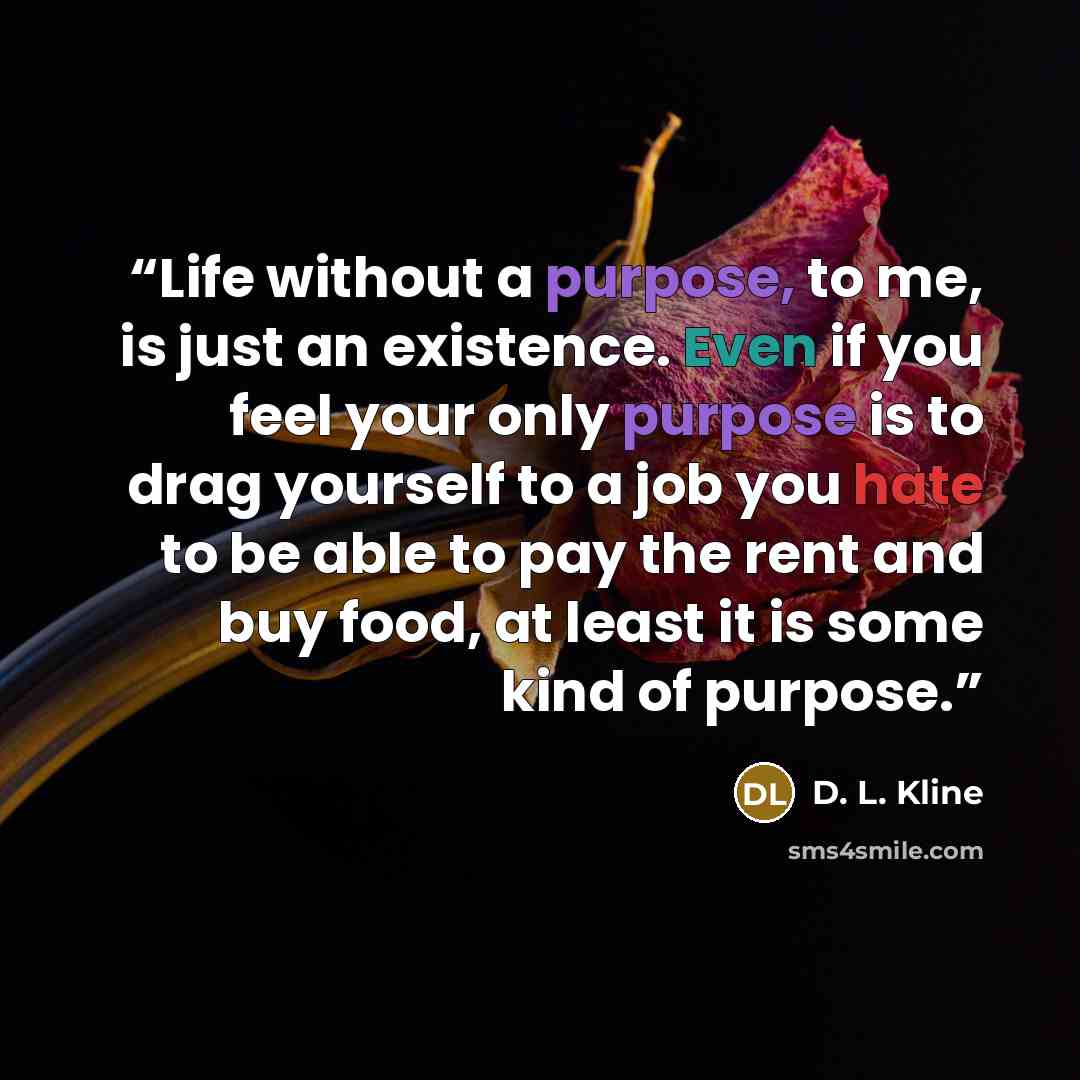 “Life without a purpose, to me, is just an existence. Even if you feel your only purpose is to drag yourself to a job you hate to be able to pay the rent and buy food, at least it is some kind of purpose.” quote by D. L. Kline