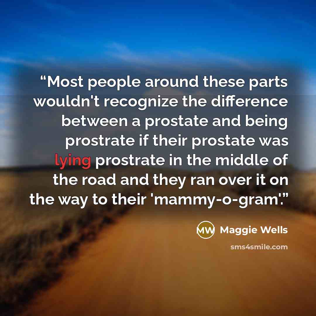 “Most people around these parts wouldn't recognize the difference between a prostate and being prostrate if their prostate was lying prostrate in the middle of the road and they ran over it on the way to their 'mammy-o-gram'.” quote by Maggie Wells