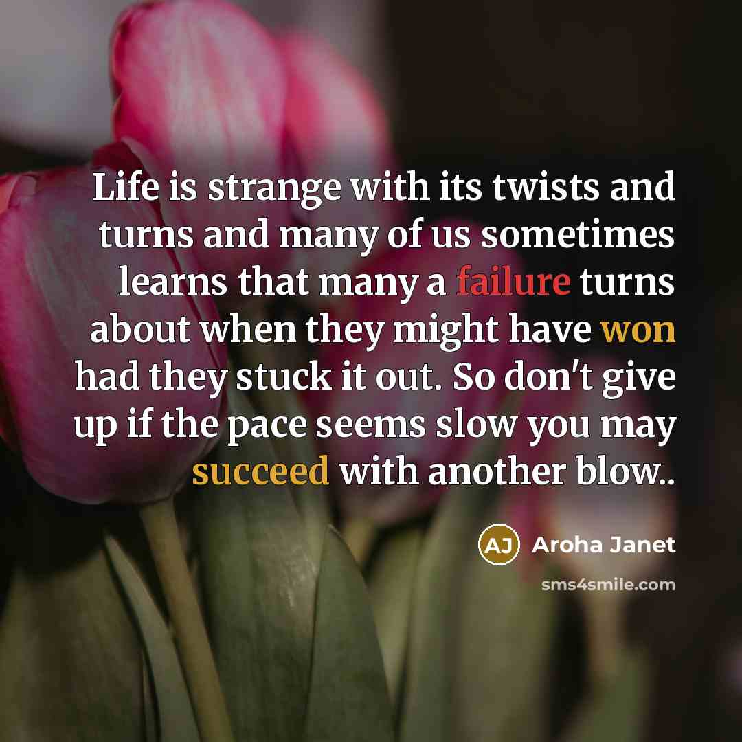 “Life is strange with its twists and turns and many of us sometimes learns that many a failure turns about when they might have won had they stuck it out. So don't give up if the pace seems slow you may succeed with another blow..” quote by Aroha Janet