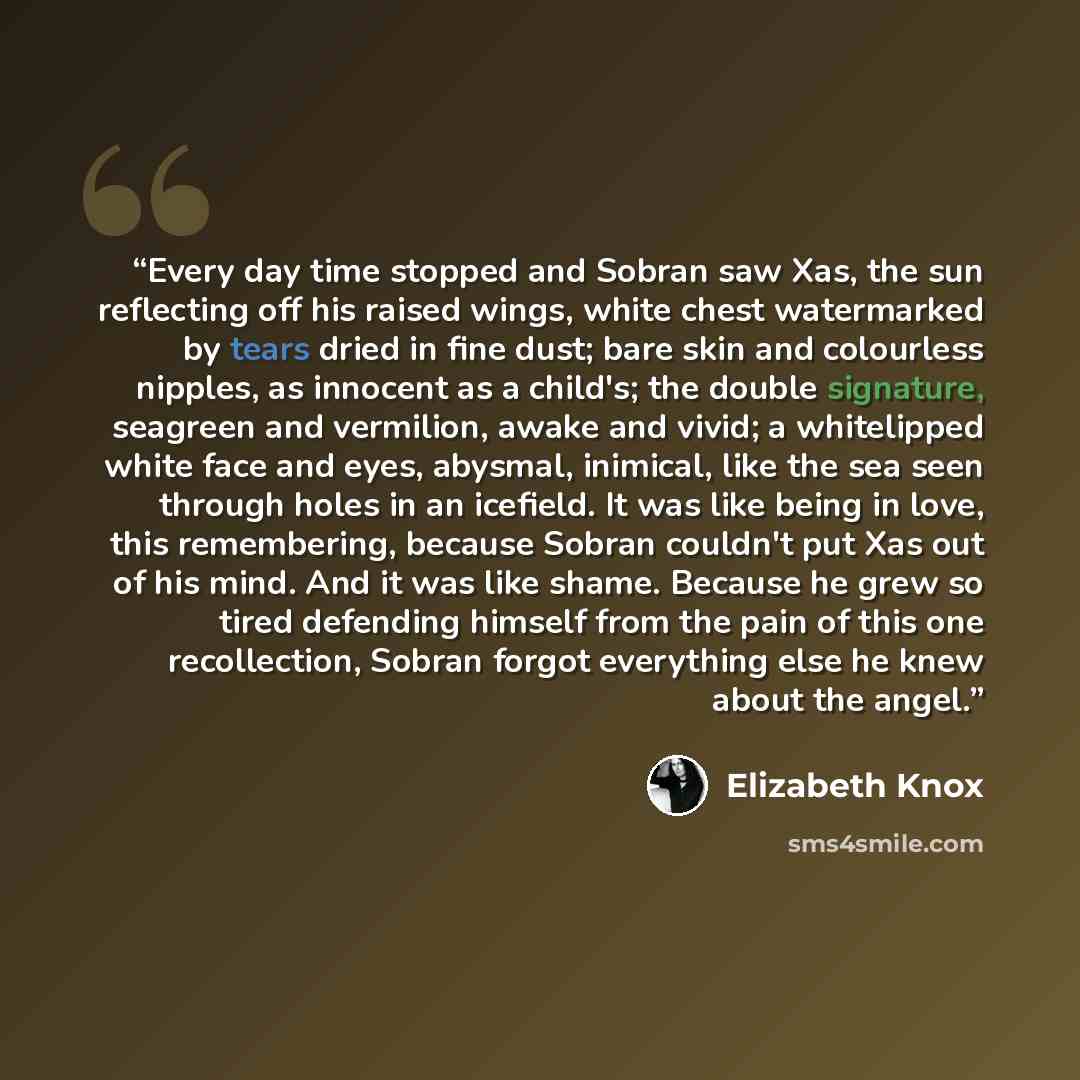 “Every day time stopped and Sobran saw Xas, the sun reflecting off his raised wings, white chest watermarked by tears dried in fine dust; bare skin and colourless nipples, as innocent as a child's; the double signature, seagreen and vermilion, awake and vivid; a whitelipped white face and eyes…” quote by Elizabeth Knox