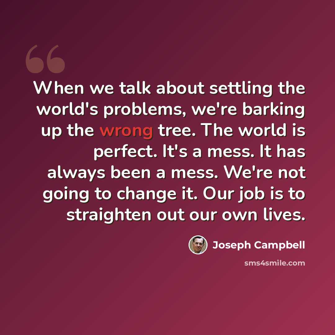 “When we talk about settling the world's problems, we're barking up the wrong tree. The world is perfect. It's a mess. It has always been a mess. We're not going to change it. Our job is to straighten out our own lives.” quote by Joseph Campbell