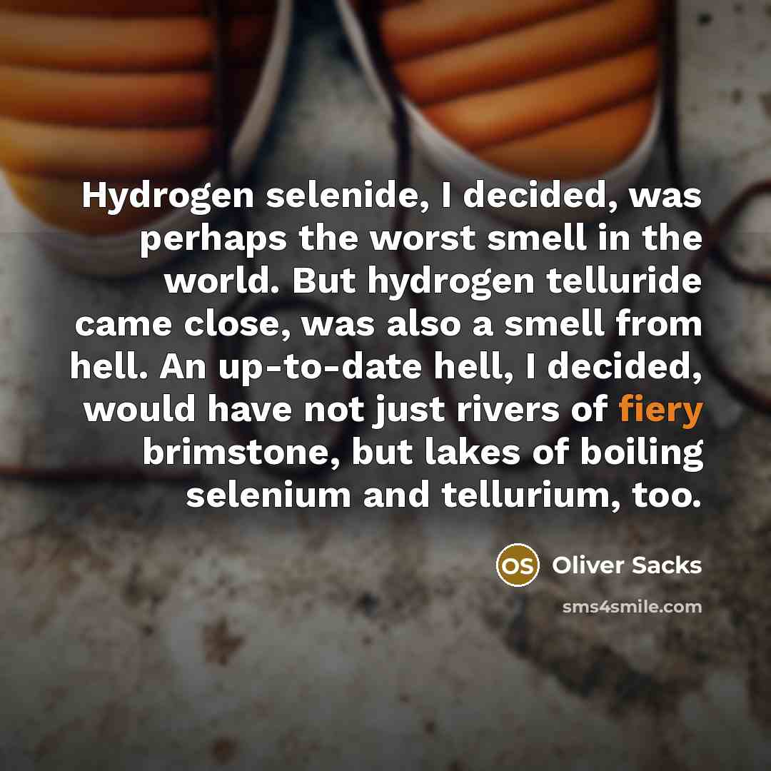 “Hydrogen selenide, I decided, was perhaps the worst smell in the world. But hydrogen telluride came close, was also a smell from hell. An up-to-date hell, I decided, would have not just rivers of fiery brimstone, but lakes of boiling selenium and tellurium, too.” quote by Oliver Sacks