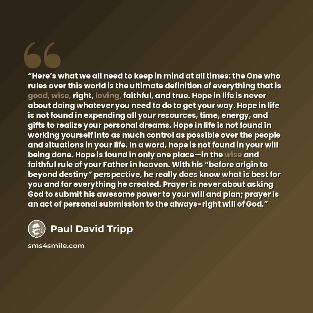“Here’s what we all need to keep in mind at all times: the One who rules over this world is the ultimate definition of everything that is good, wise, right, loving, faithful, and true. Hope in life is never about doing whatever you need to do to get your way. Hope in life is not found in expending…” quote by Paul David Tripp