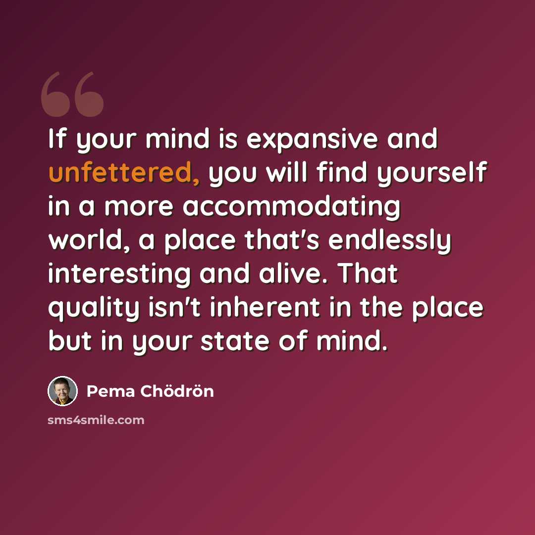 “If your mind is expansive and unfettered, you will find yourself in a more accommodating world, a place that's endlessly interesting and alive. That quality isn't inherent in the place but in your state of mind.” quote by Pema Chodron