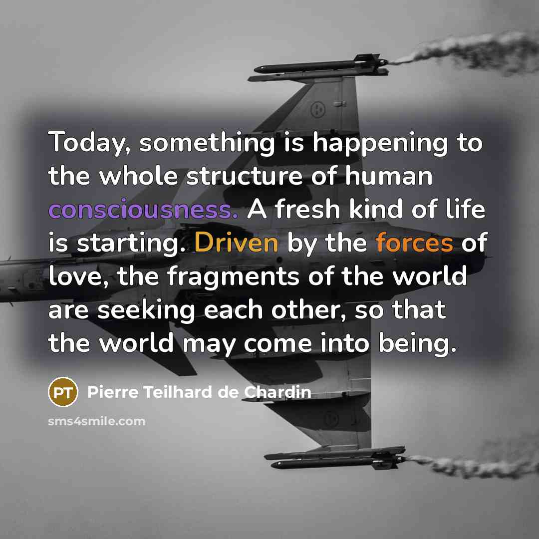 “Today, something is happening to the whole structure of human consciousness. A fresh kind of life is starting. Driven by the forces of love, the fragments of the world are seeking each other, so that the world may come into being.” quote by Pierre Teilhard de Chardin