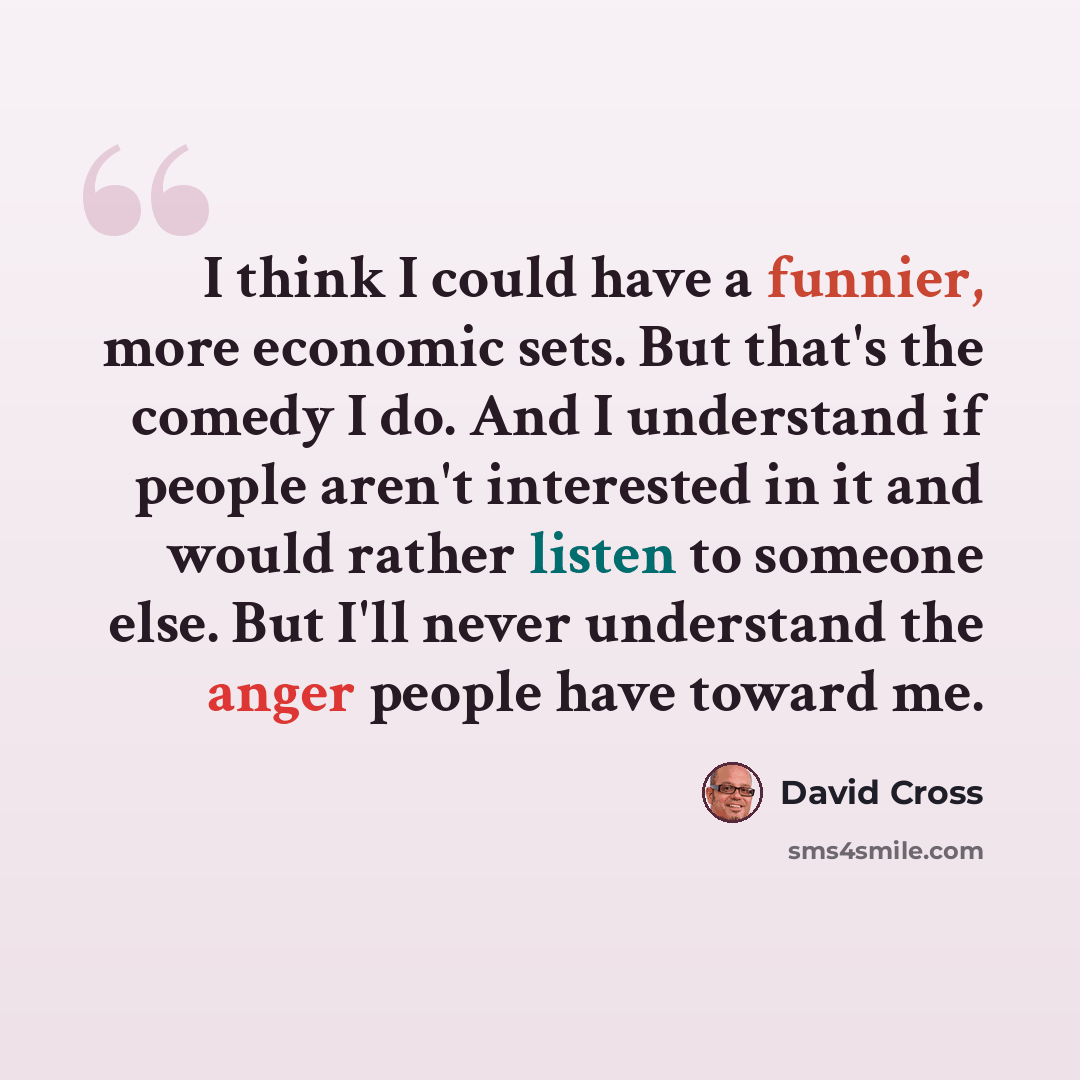 “I think I could have a funnier, more economic sets. But that's the comedy I do. And I understand if people aren't interested in it and would rather listen to someone else. But I'll never understand the anger people have toward me.” quote by David Cross