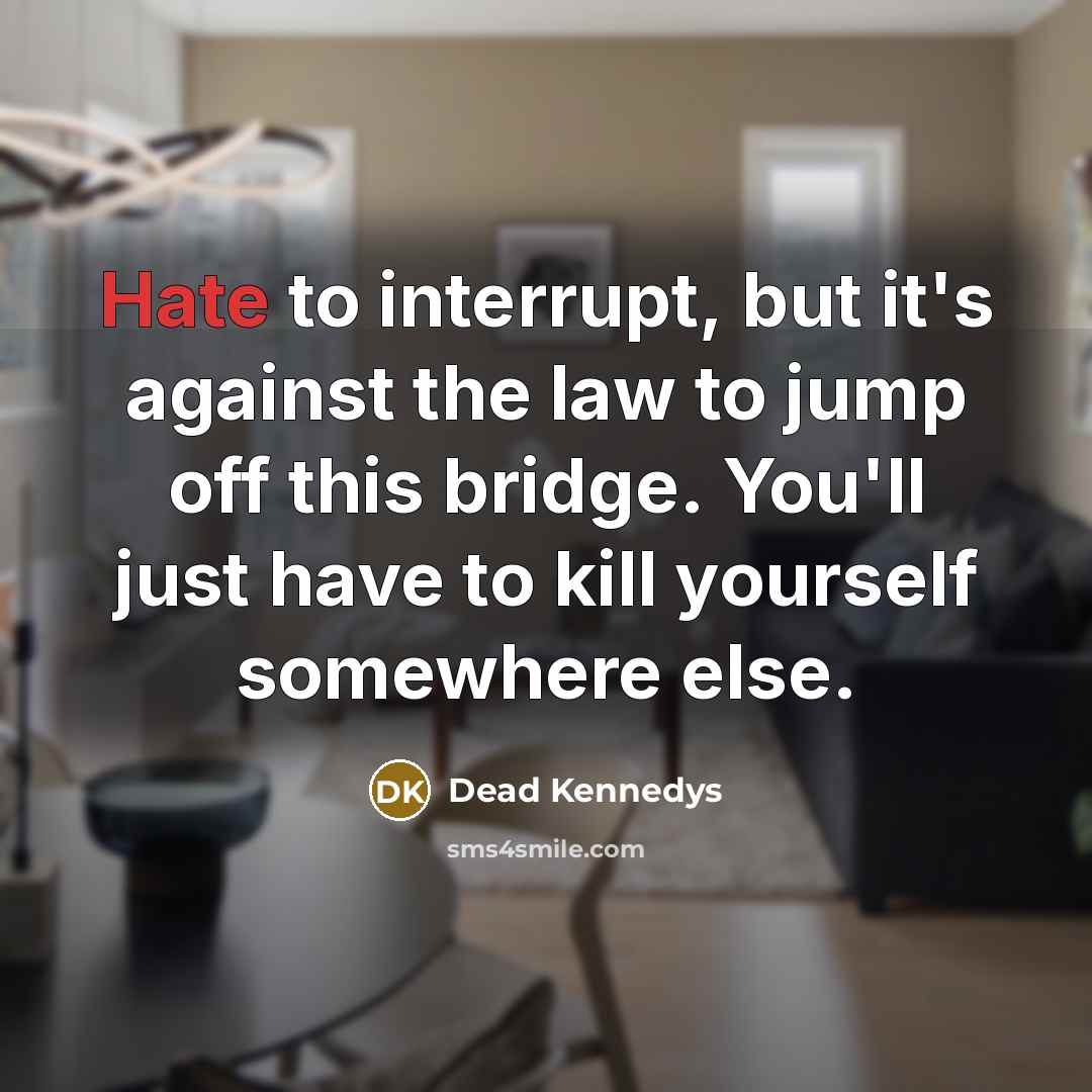 “Hate to interrupt, but it's against the law to jump off this bridge. You'll just have to kill yourself somewhere else.” quote by Dead Kennedys