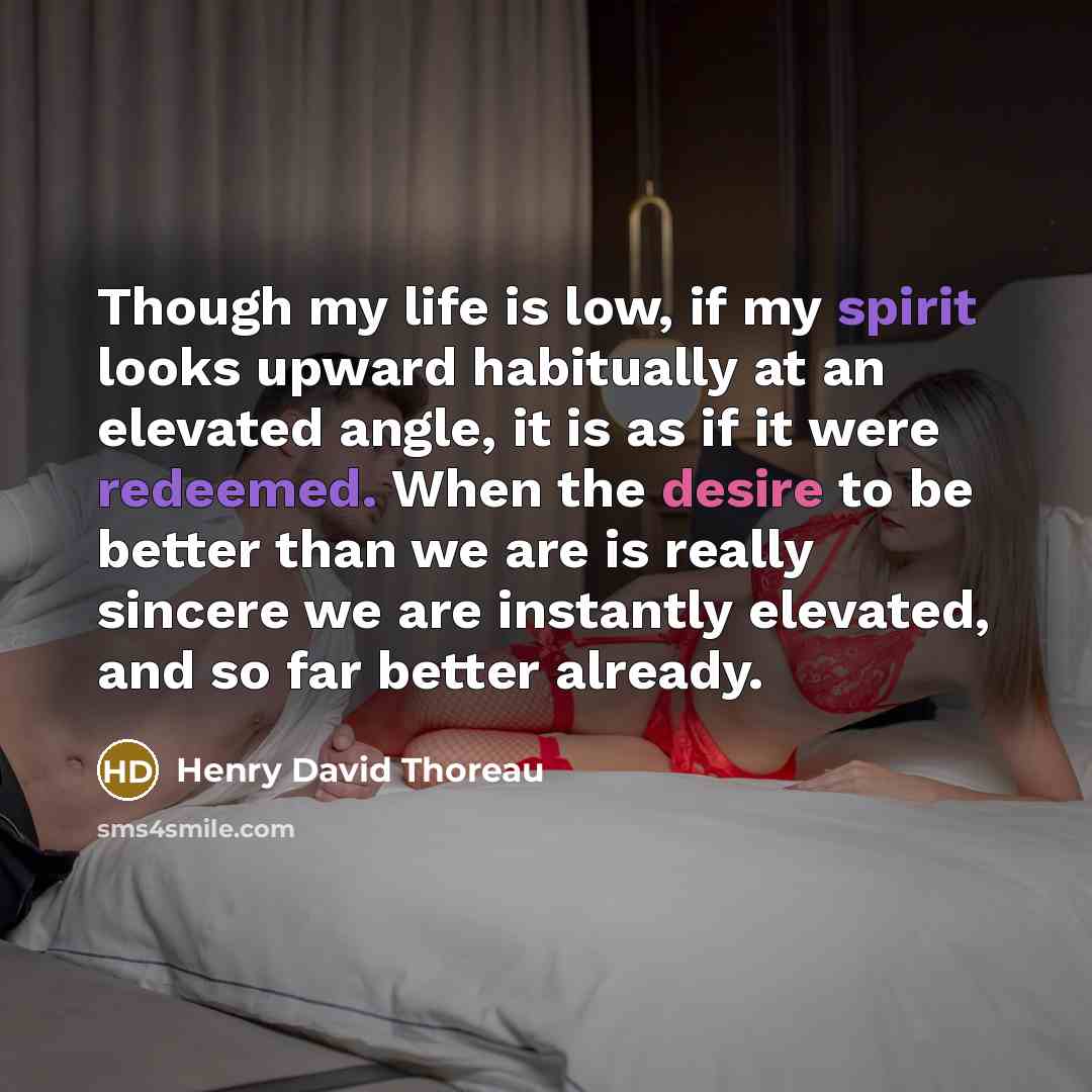 “Though my life is low, if my spirit looks upward habitually at an elevated angle, it is as if it were redeemed. When the desire to be better than we are is really sincere we are instantly elevated, and so far better already.” quote by Henry David Thoreau