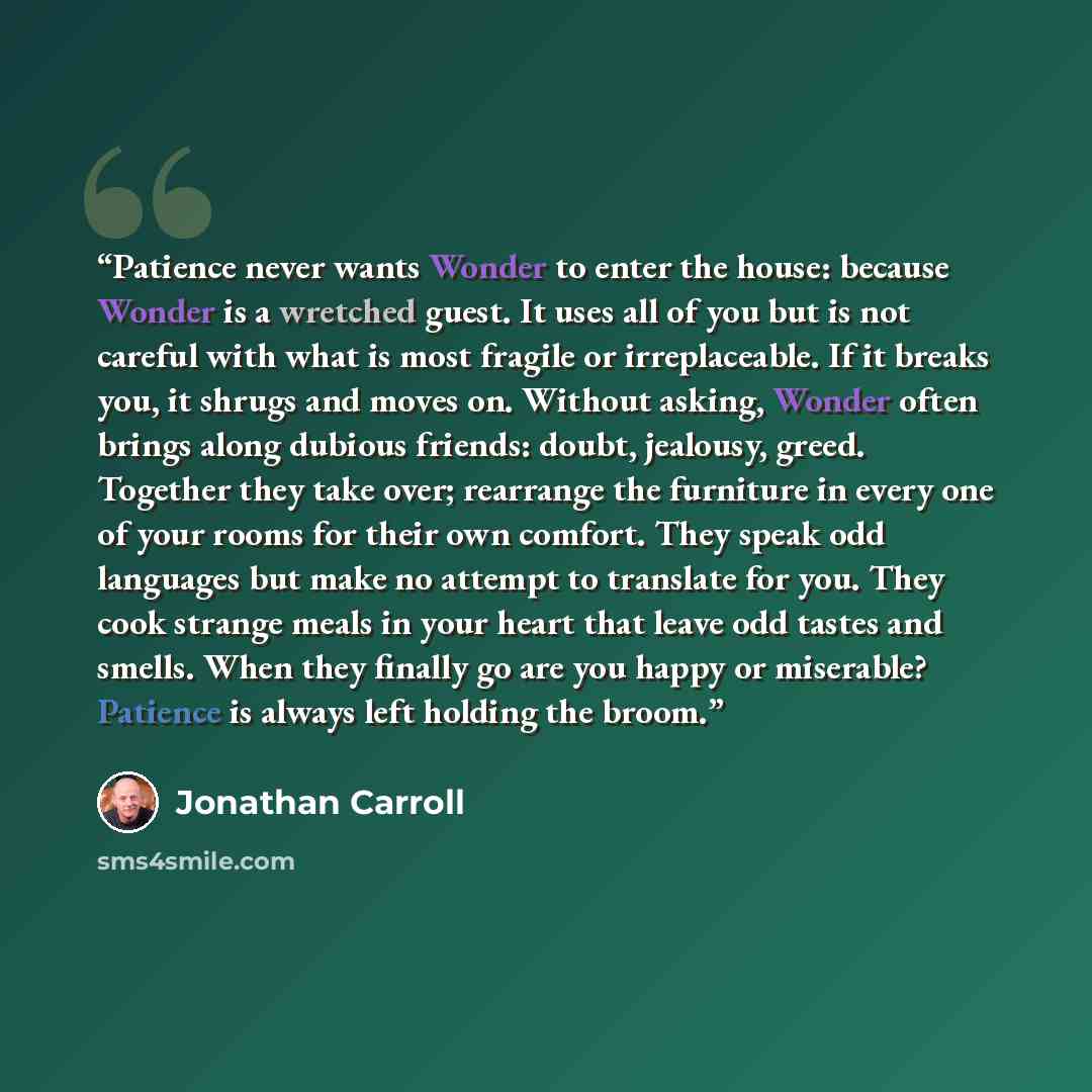 “Patience never wants Wonder to enter the house: because Wonder is a wretched guest. It uses all of you but is not careful with what is most fragile or irreplaceable. If it breaks you, it shrugs and moves on. Without asking, Wonder often brings along dubious friends: doubt, jealousy, greed…” quote by Jonathan Carroll