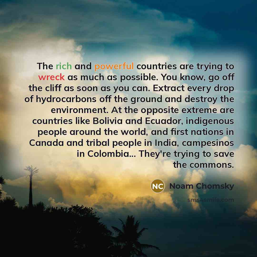“The rich and powerful countries are trying to wreck as much as possible. You know, go off the cliff as soon as you can. Extract every drop of hydrocarbons off the ground and destroy the environment. At the opposite extreme are countries like Bolivia and Ecuador, indigenous people around the world…” quote by Noam Chomsky