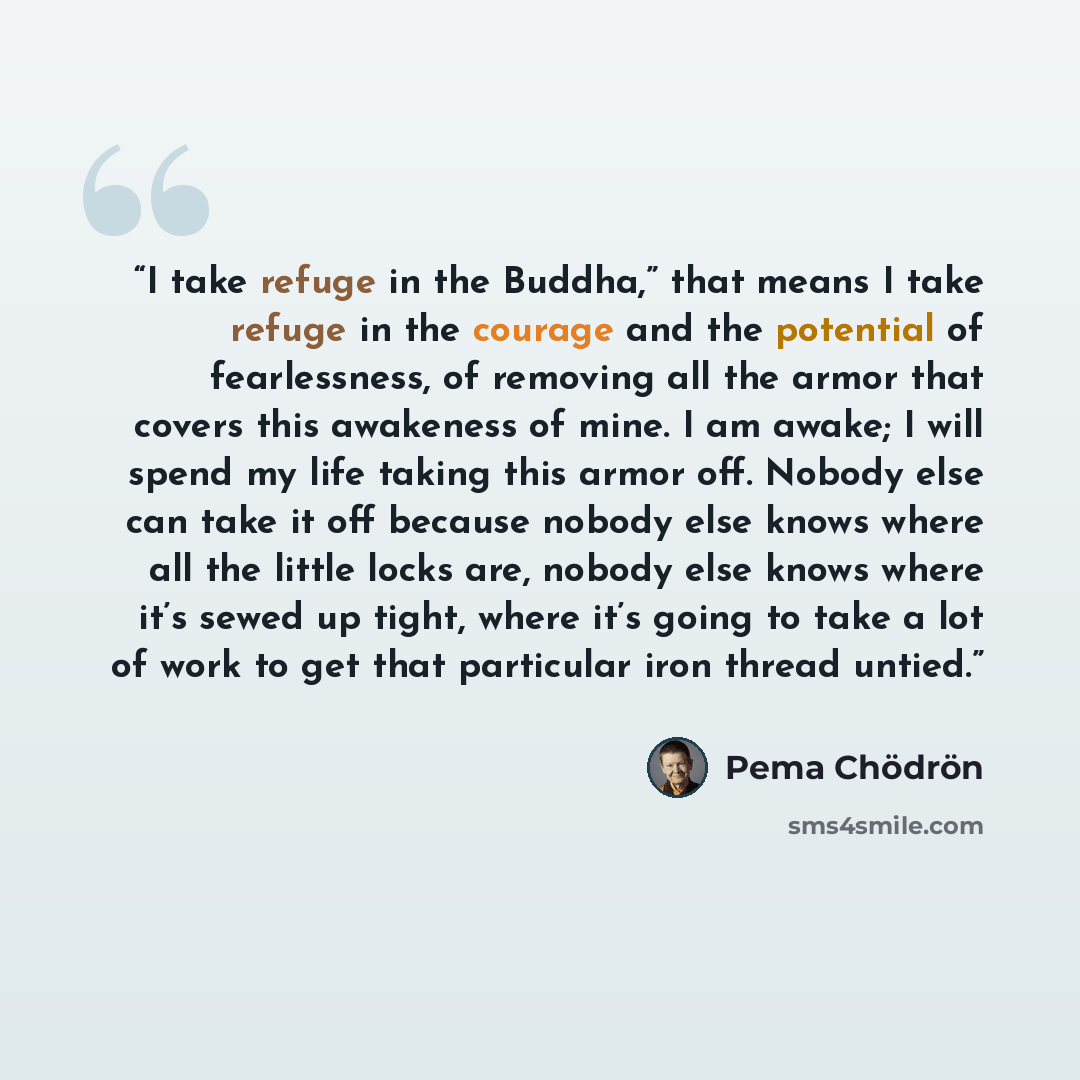 “I take refuge in the Buddha,” that means I take refuge in the courage and the potential of fearlessness, of removing all the armor that covers this awakeness of mine. I am awake; I will spend my life taking this armor off. Nobody else can take it off because nobody else knows where all the little…” quote by Pema Chödrön