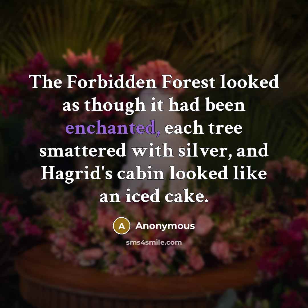 “The Forbidden Forest looked as though it had been enchanted, each tree smattered with silver, and Hagrid's cabin looked like an iced cake.” quote by Anonymous