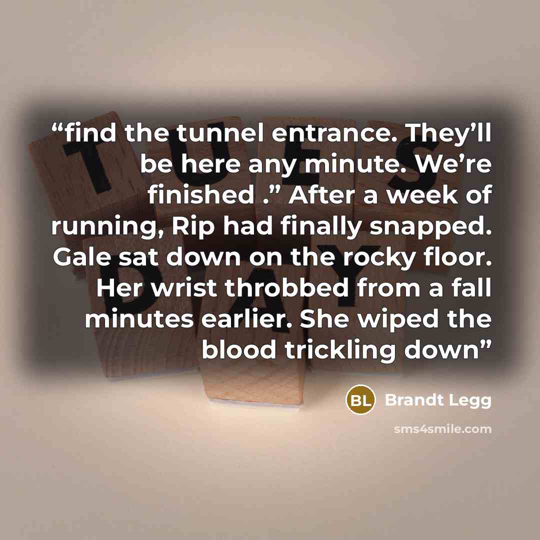 “find the tunnel entrance. They’ll be here any minute. We’re finished .” After a week of running, Rip had finally snapped. Gale sat down on the rocky floor. Her wrist throbbed from a fall minutes earlier. She wiped the blood trickling down” quote by Brandt Legg