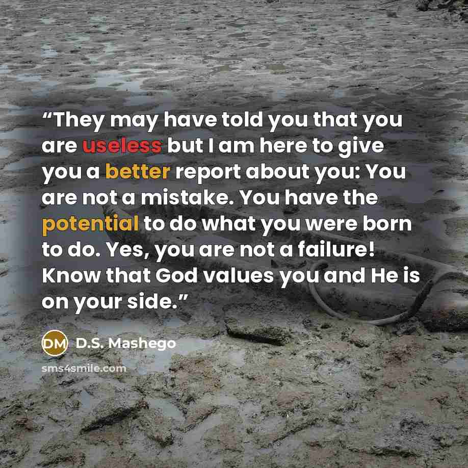 “They may have told you that you are useless but I am here to give you a better report about you: You are not a mistake. You have the potential to do what you were born to do. Yes, you are not a failure! Know that God values you and He is on your side.” quote by D.S. Mashego