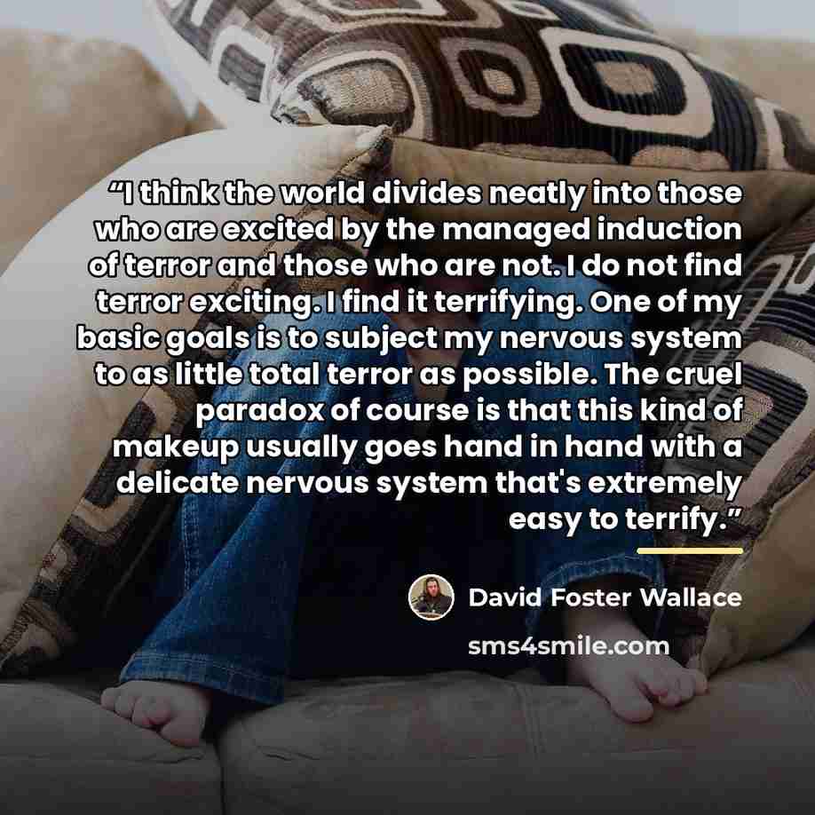 “I think the world divides neatly into those who are excited by the managed induction of terror and those who are not. I do not find terror exciting. I find it terrifying. One of my basic goals is to subject my nervous system to as little total terror as possible. The cruel paradox of course is…” quote by David Foster Wallace