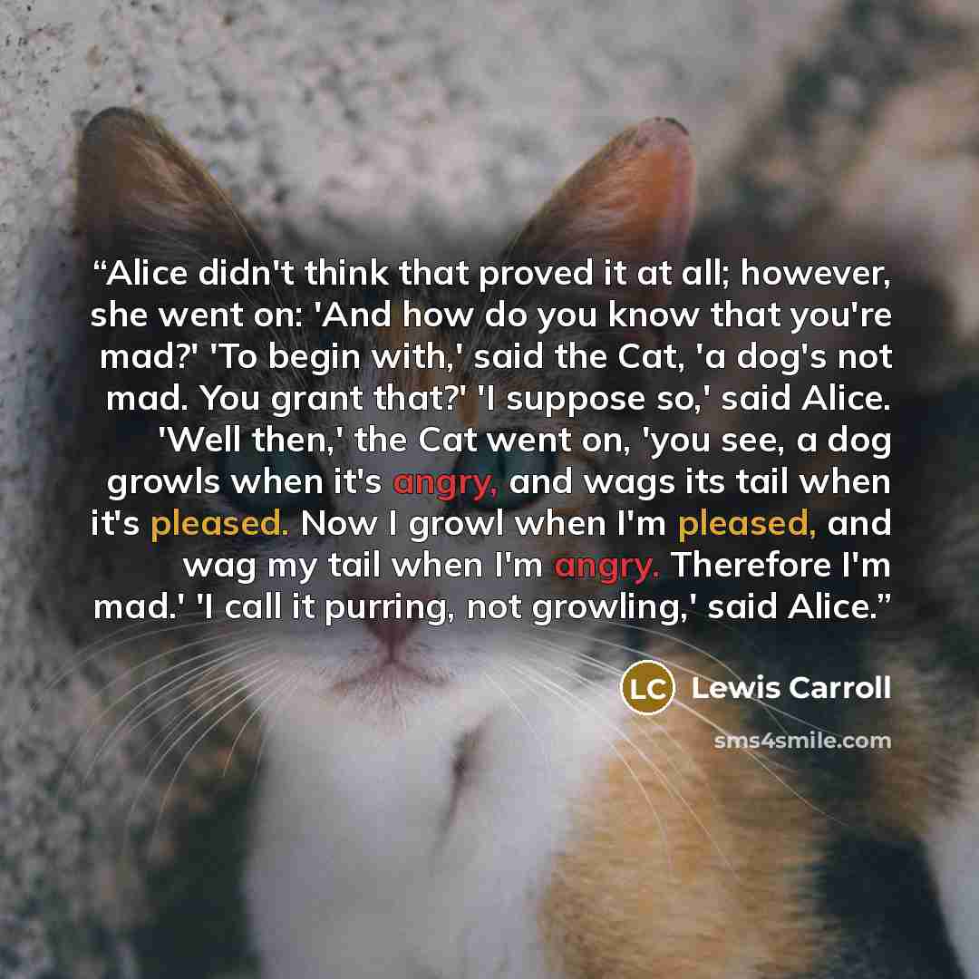 “Alice didn't think that proved it at all; however, she went on: 'And how do you know that you're mad?' 'To begin with,' said the Cat, 'a dog's not mad. You grant that?' 'I suppose so,' said Alice. 'Well then,' the Cat went on, 'you see, a dog growls when it's angry, and wags its tail when it's…” quote by Lewis Carroll