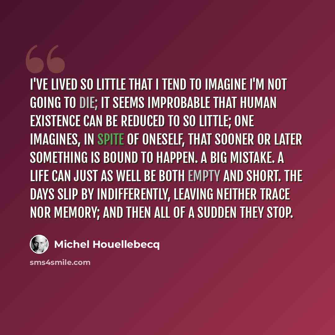 “I've lived so little that I tend to imagine I'm not going to die; it seems improbable that human existence can be reduced to so little; one imagines, in spite of oneself, that sooner or later something is bound to happen. A big mistake. A life can just as well be both empty and short. The days…” quote by Michel Houellebecq