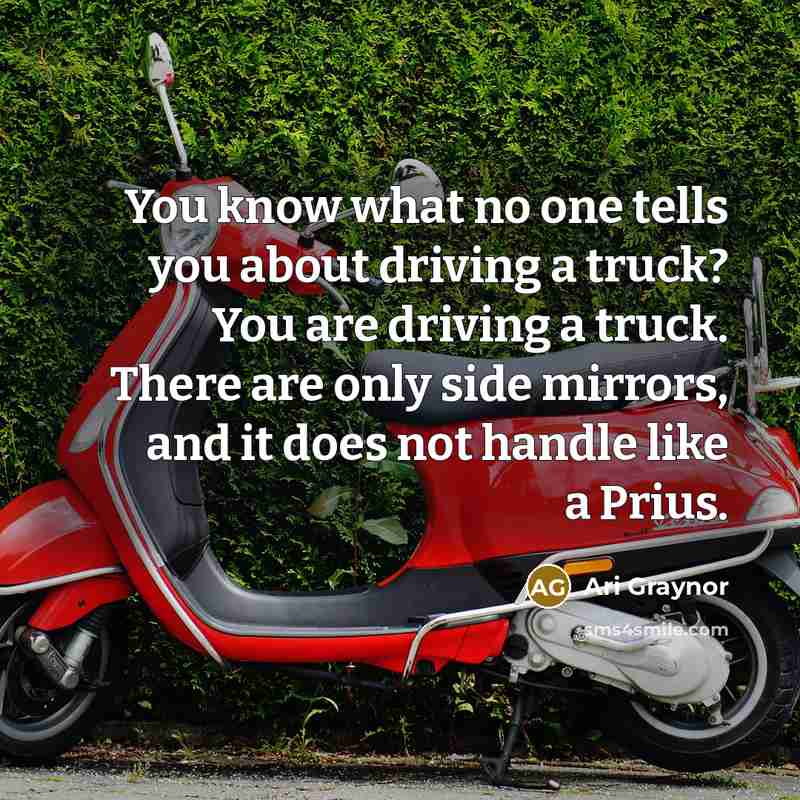 “You know what no one tells you about driving a truck? You are driving a truck. There are only side mirrors, and it does not handle like a Prius.” quote by Ari Graynor
