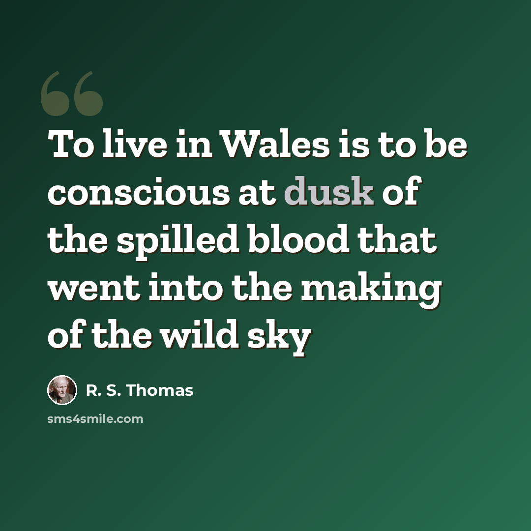“To live in Wales is to be conscious at dusk of the spilled blood that went into the making of the wild sky” quote by R. S. Thomas