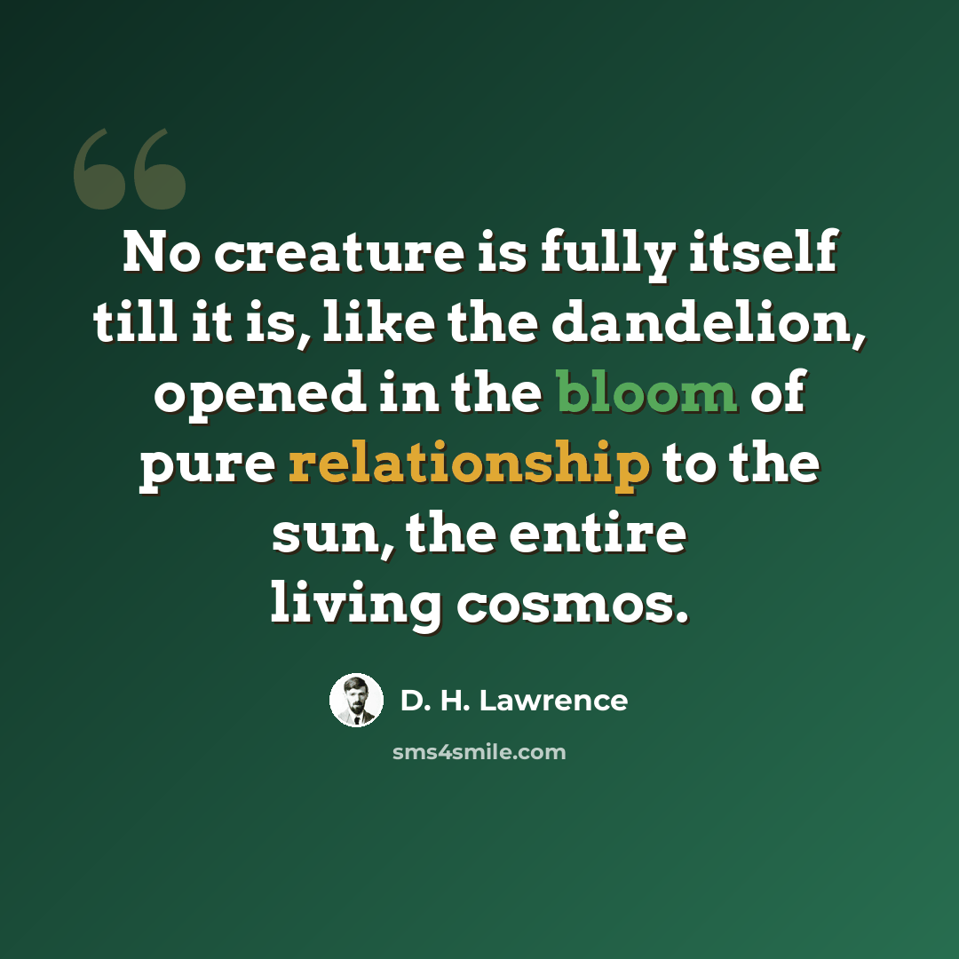 “No creature is fully itself till it is, like the dandelion, opened in the bloom of pure relationship to the sun, the entire living cosmos.” quote by D. H. Lawrence