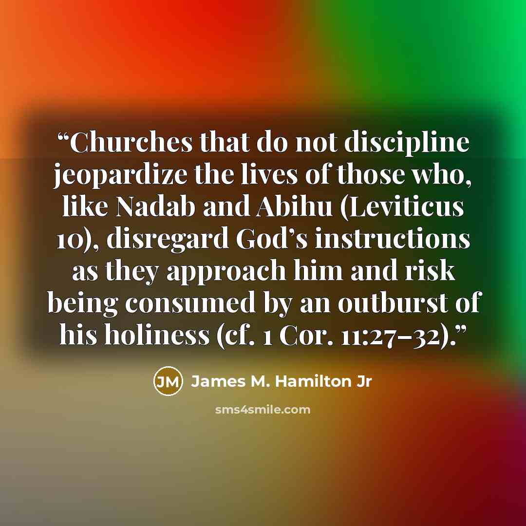 “Churches that do not discipline jeopardize the lives of those who, like Nadab and Abihu (Leviticus 10), disregard God’s instructions as they approach him and risk being consumed by an outburst of his holiness (cf. 1 Cor. 11:27–32).” quote by James M. Hamilton Jr