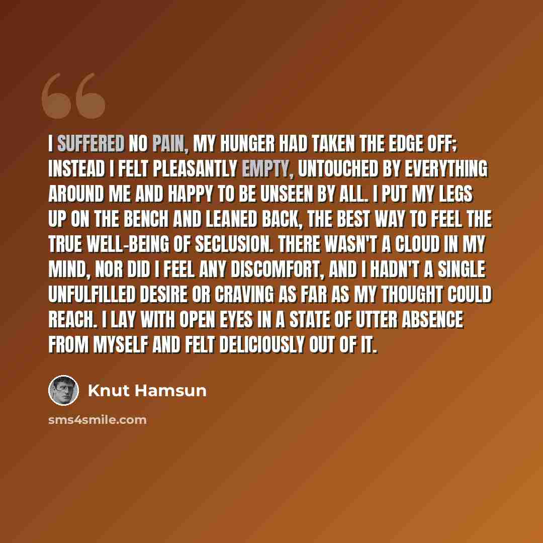 “I suffered no pain, my hunger had taken the edge off; instead I felt pleasantly empty, untouched by everything around me and happy to be unseen by all. I put my legs up on the bench and leaned back, the best way to feel the true well-being of seclusion. There wasn't a cloud in my mind, nor did I…” quote by Knut Hamsun