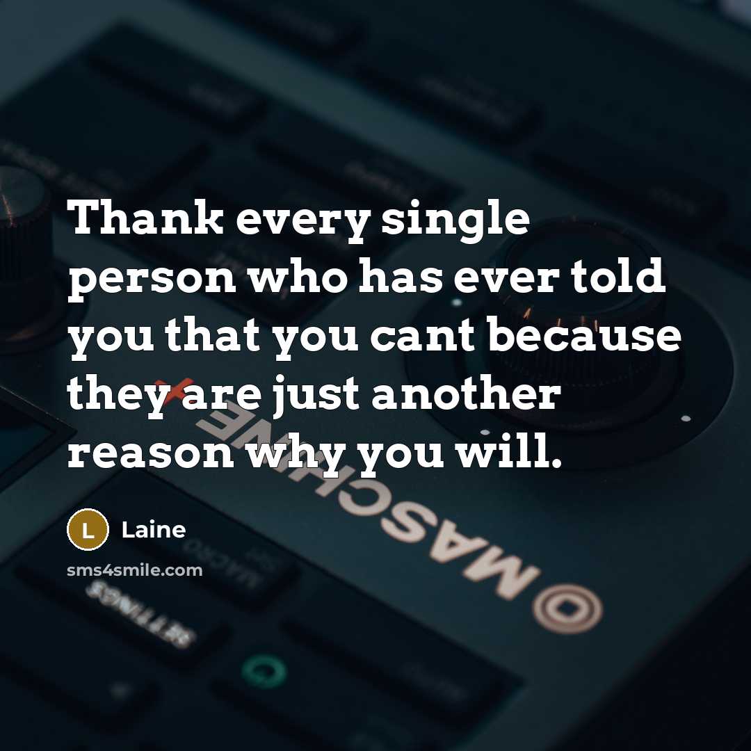 “Thank every single person who has ever told you that you cant because they are just another reason why you will.” quote by Laine