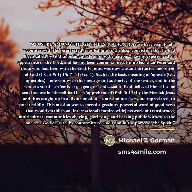 “APOSTLE AMONG THE GENTILES (NATIONS) As we have seen, Paul’s encounter with the resurrected Jesus led him to the deep conviction that he had been called by God to be an apostle among the nations. Having experienced an appearance of the Lord, and having been commissioned, he, no less than Peter and…” quote by Michael J. Gorman