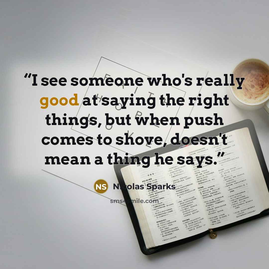 “I see someone who's really good at saying the right things, but when push comes to shove, doesn't mean a thing he says.” quote by Nicolas Sparks