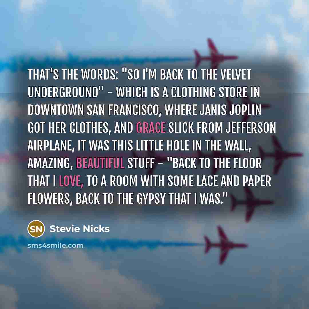 “That's the words: "So I'm back to the velvet underground" - which is a clothing store in downtown San Francisco, where Janis Joplin got her clothes, and Grace Slick from Jefferson Airplane, it was this little hole in the wall, amazing, beautiful stuff - "back to the floor that I love, to a room…” quote by Stevie Nicks