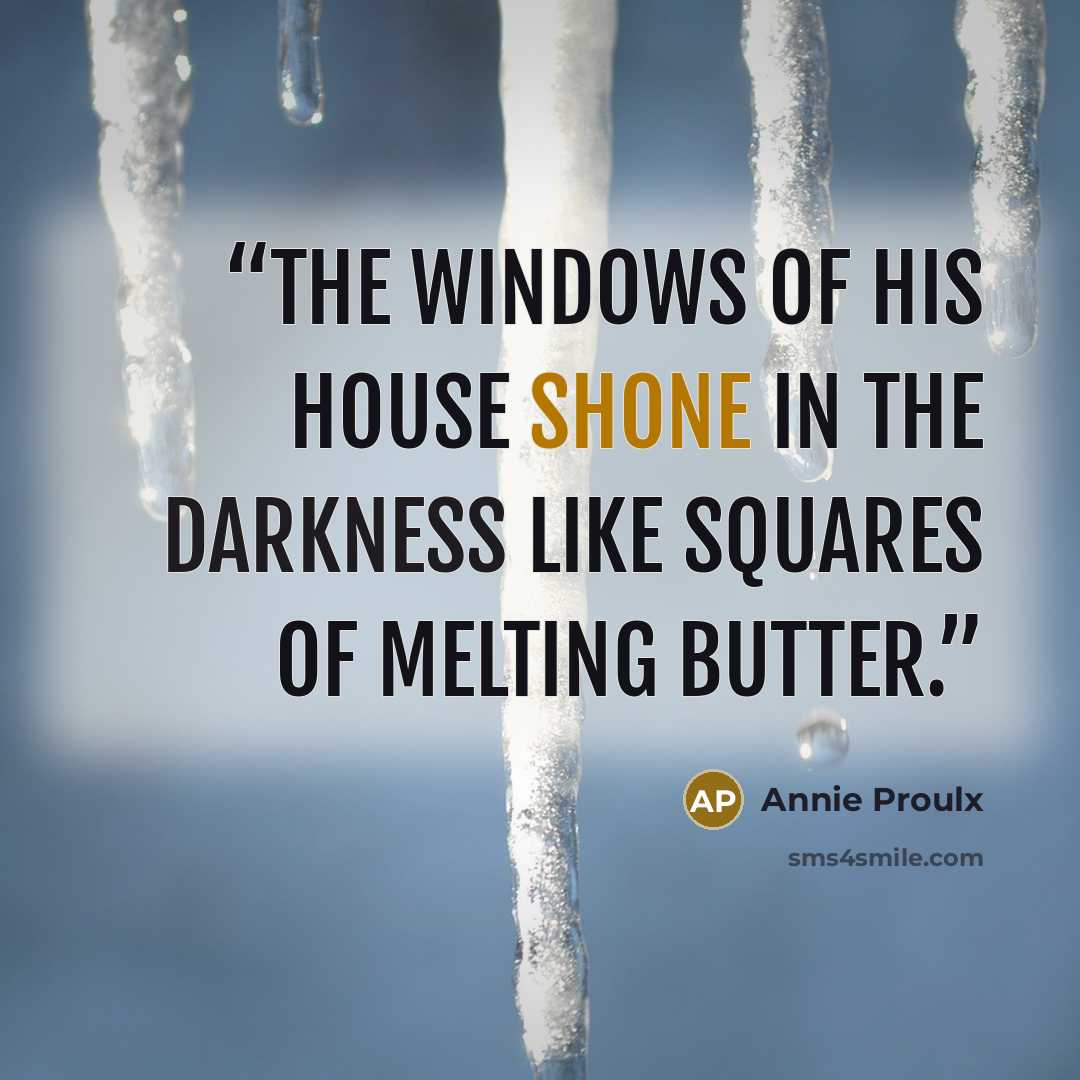“The windows of his house shone in the darkness like squares of melting butter.” quote by Annie Proulx