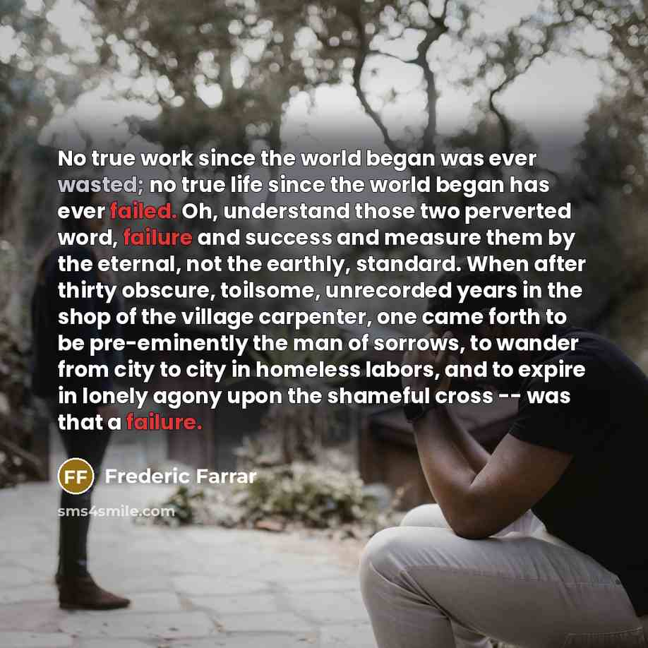 “No true work since the world began was ever wasted; no true life since the world began has ever failed. Oh, understand those two perverted word, failure and success and measure them by the eternal, not the earthly, standard. When after thirty obscure, toilsome, unrecorded years in the shop of the…” quote by Frederic Farrar