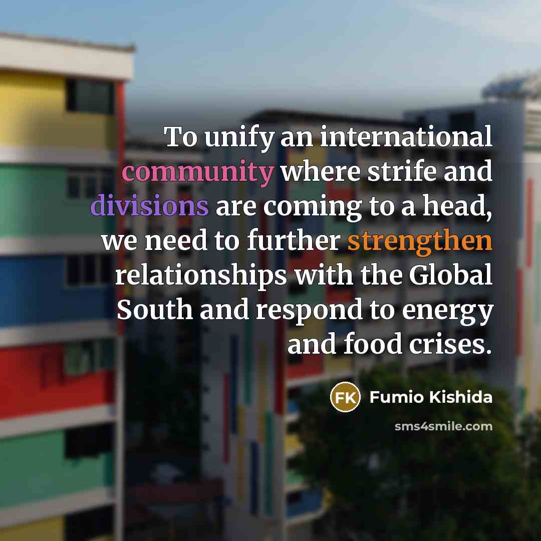 “To unify an international community where strife and divisions are coming to a head, we need to further strengthen relationships with the Global South and respond to energy and food crises.” quote by Fumio Kishida