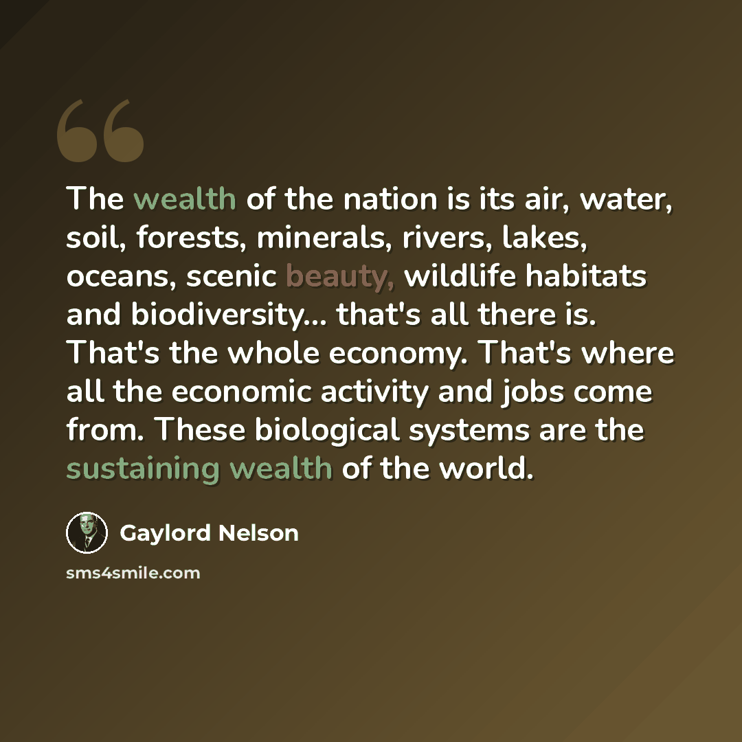 “The wealth of the nation is its air, water, soil, forests, minerals, rivers, lakes, oceans, scenic beauty, wildlife habitats and biodiversity... that's all there is. That's the whole economy. That's where all the economic activity and jobs come from. These biological systems are the sustaining…” quote by Gaylord Nelson