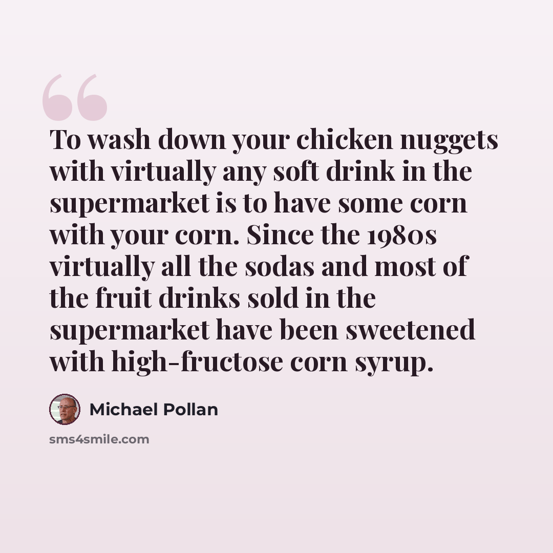 “To wash down your chicken nuggets with virtually any soft drink in the supermarket is to have some corn with your corn. Since the 1980s virtually all the sodas and most of the fruit drinks sold in the supermarket have been sweetened with high-fructose corn syrup.” quote by Michael Pollan