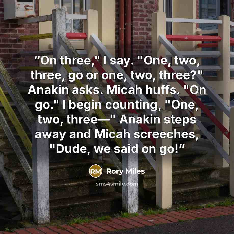 “On three," I say. "One, two, three, go or one, two, three?" Anakin asks. Micah huffs. "On go." I begin counting, "One, two, three—" Anakin steps away and Micah screeches, "Dude, we said on go!” quote by Rory Miles