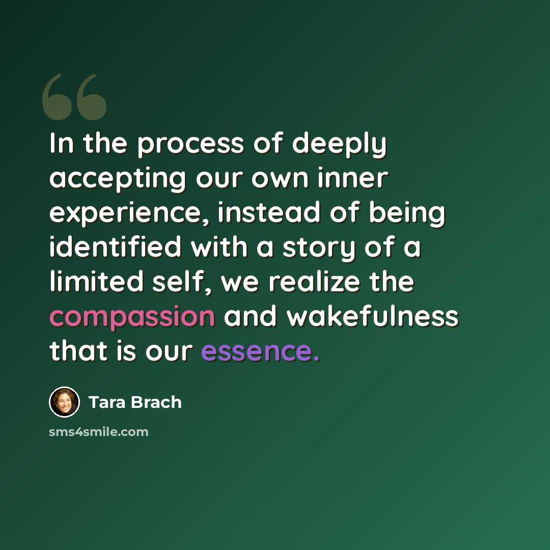 “In the process of deeply accepting our own inner experience, instead of being identified with a story of a limited self, we realize the compassion and wakefulness that is our essence.” quote by Tara Brach