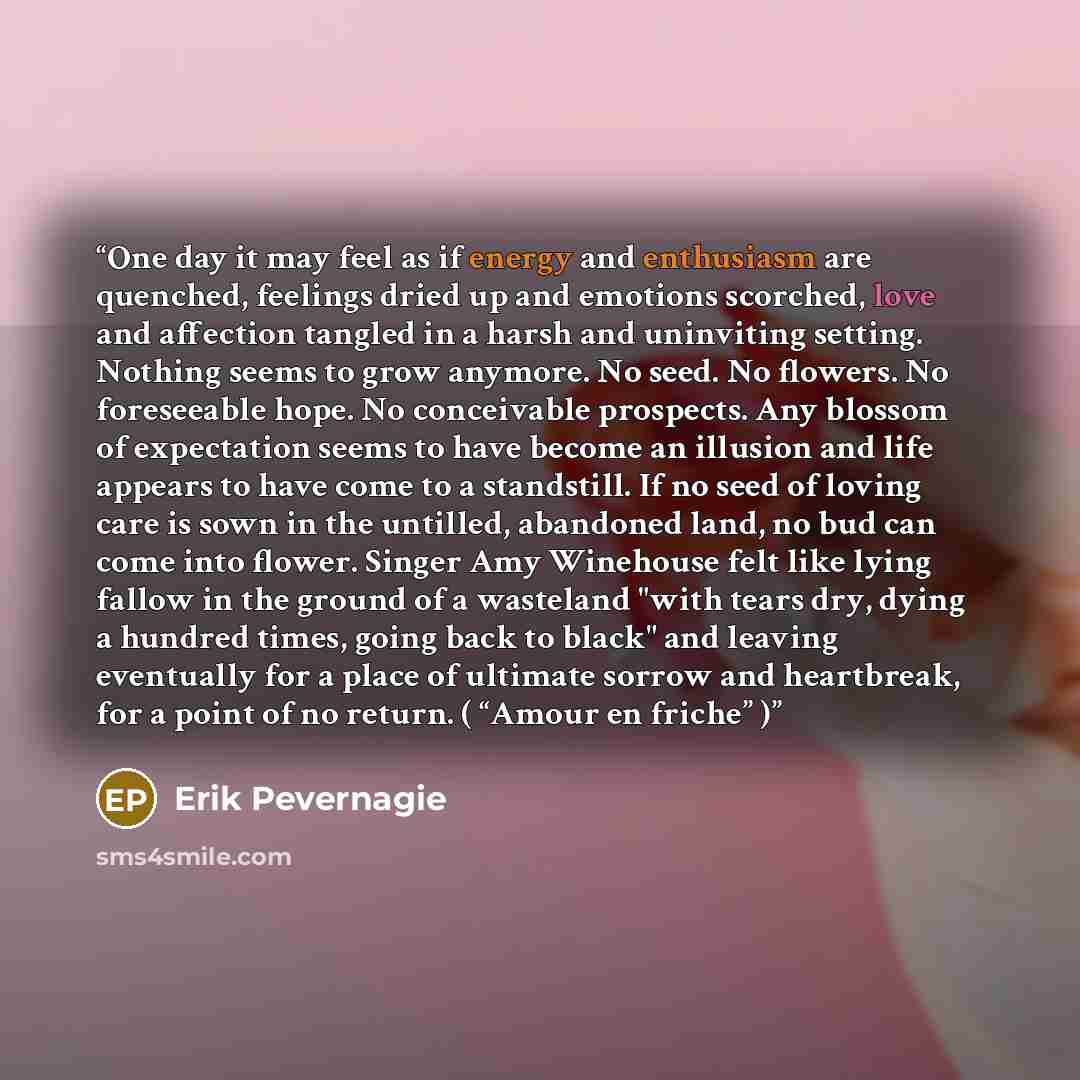 “One day it may feel as if energy and enthusiasm are quenched, feelings dried up and emotions scorched, love and affection tangled in a harsh and uninviting setting. Nothing seems to grow anymore. No seed. No flowers. No foreseeable hope. No conceivable prospects. Any blossom of expectation seems…” quote by Erik Pevernagie
